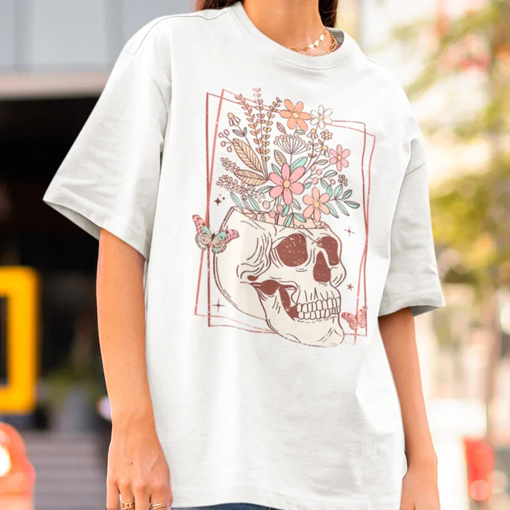 Camiseta Básica Halloween Skull Flower - branco
