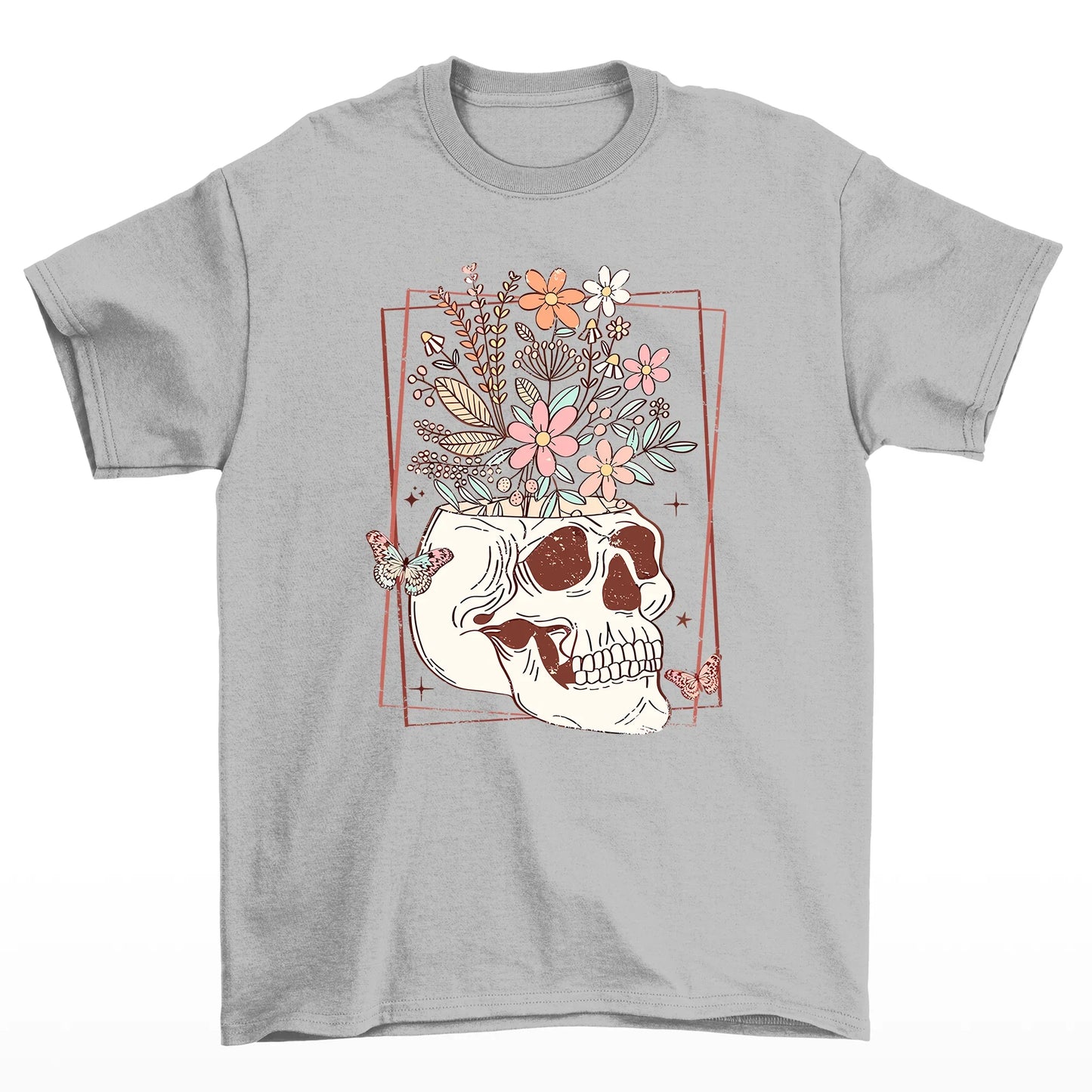 Camiseta Básica Halloween Skull Flower - cinza