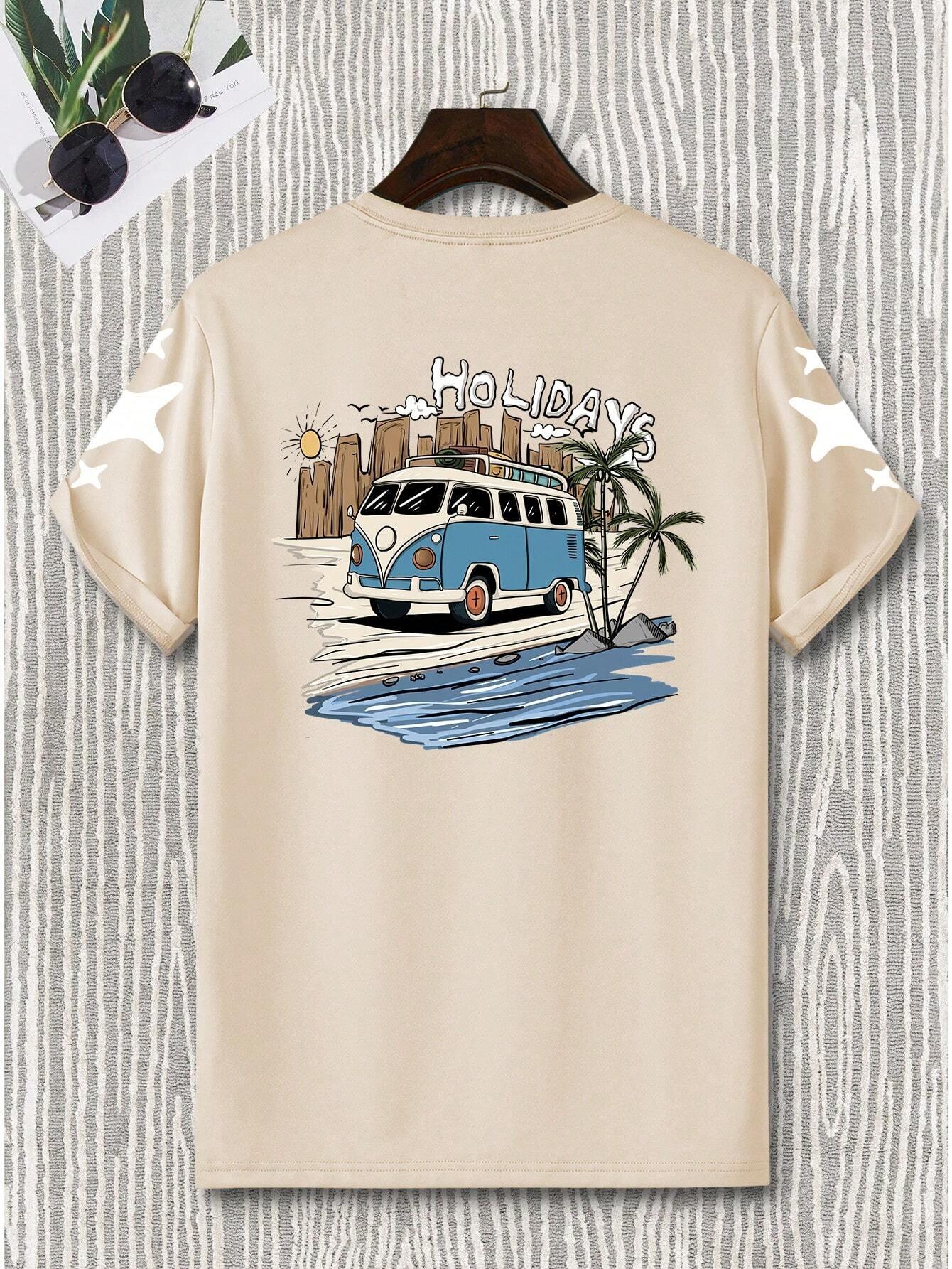 Camiseta Básica Com Estampa Van Azul Praia - Pérola