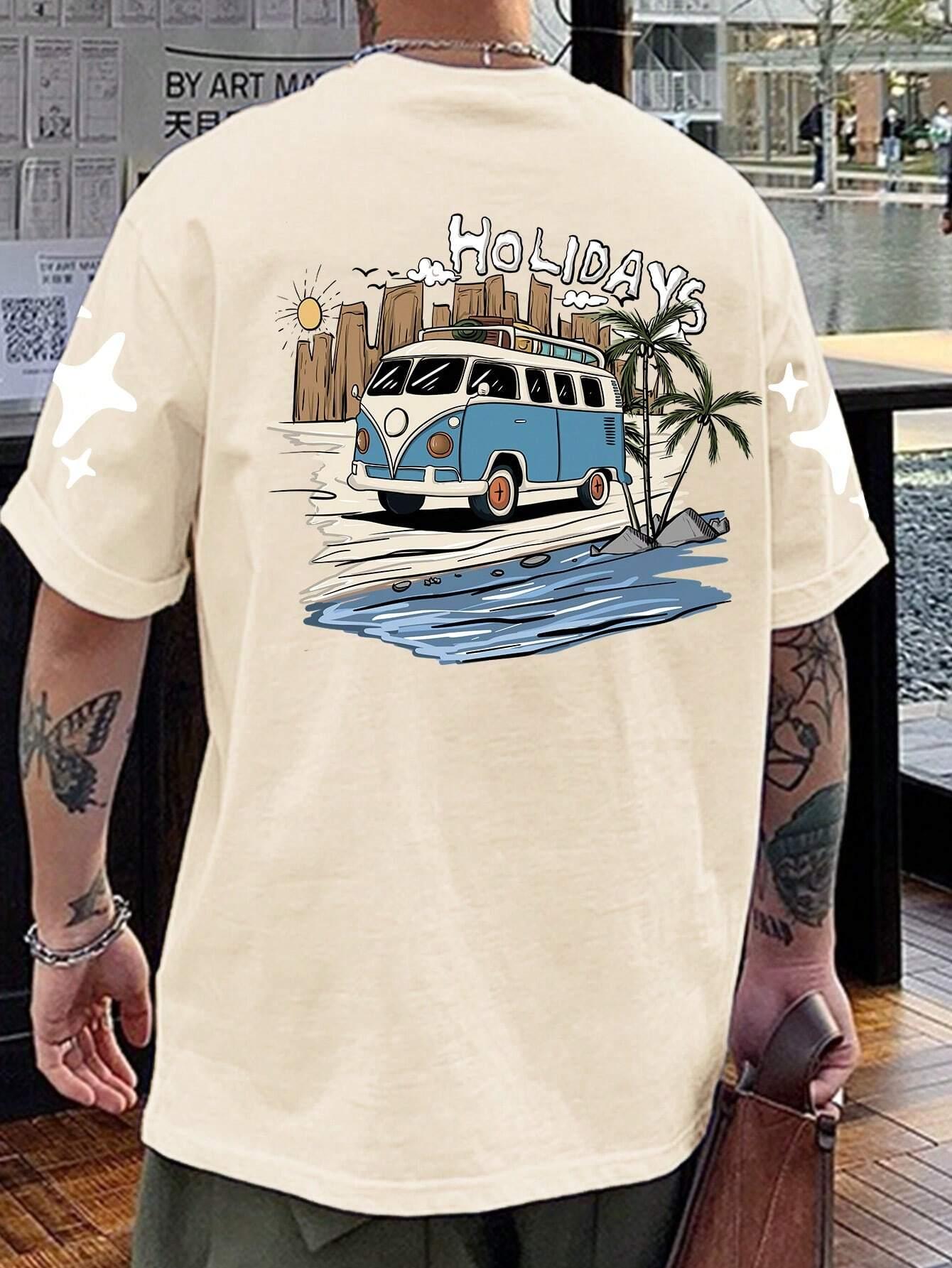 Camiseta Básica Com Estampa Van Azul Praia - Pérola