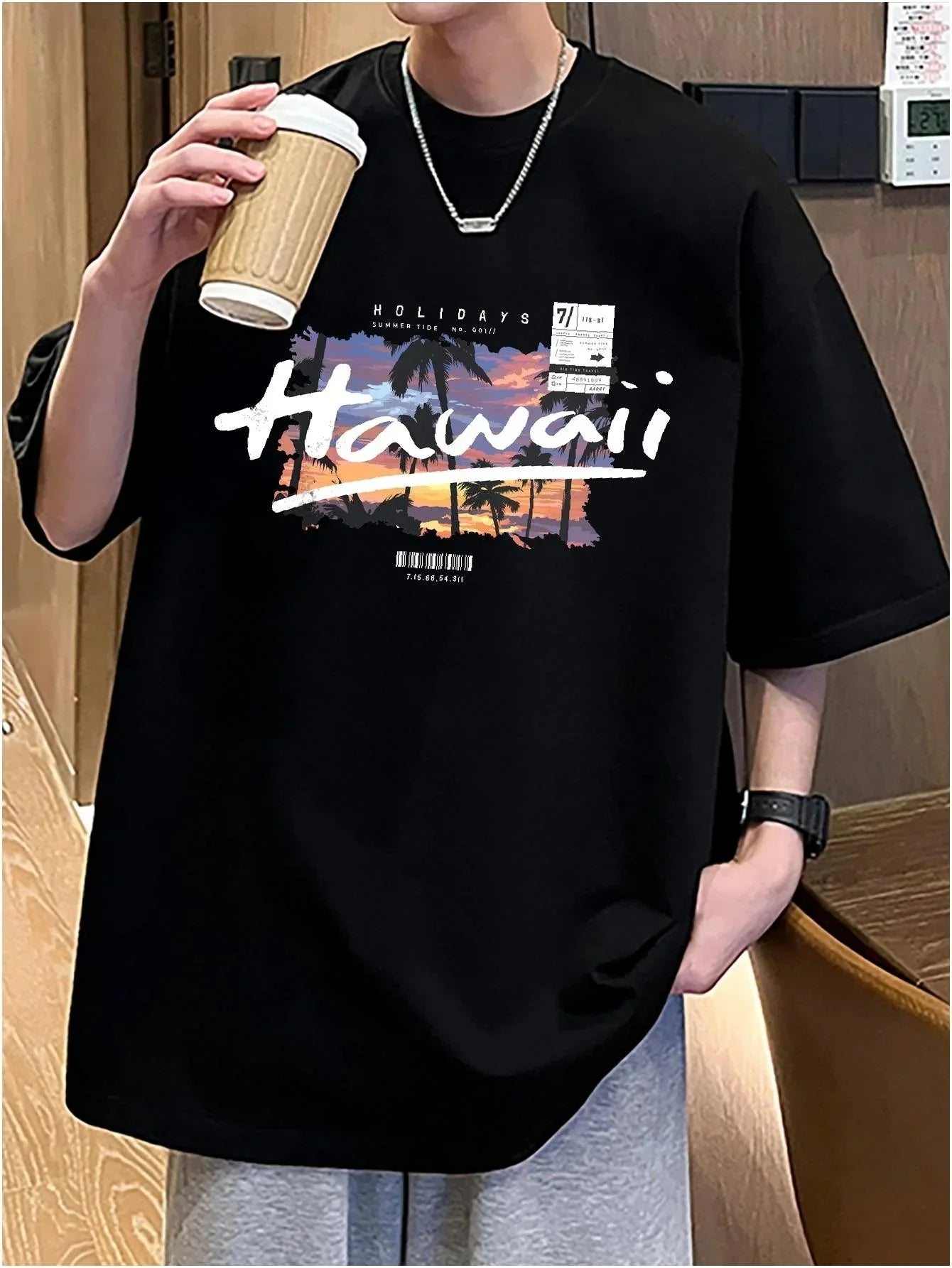 Camiseta Básica Unissex Com Estampa Hawaii Por Do Sol - Preto