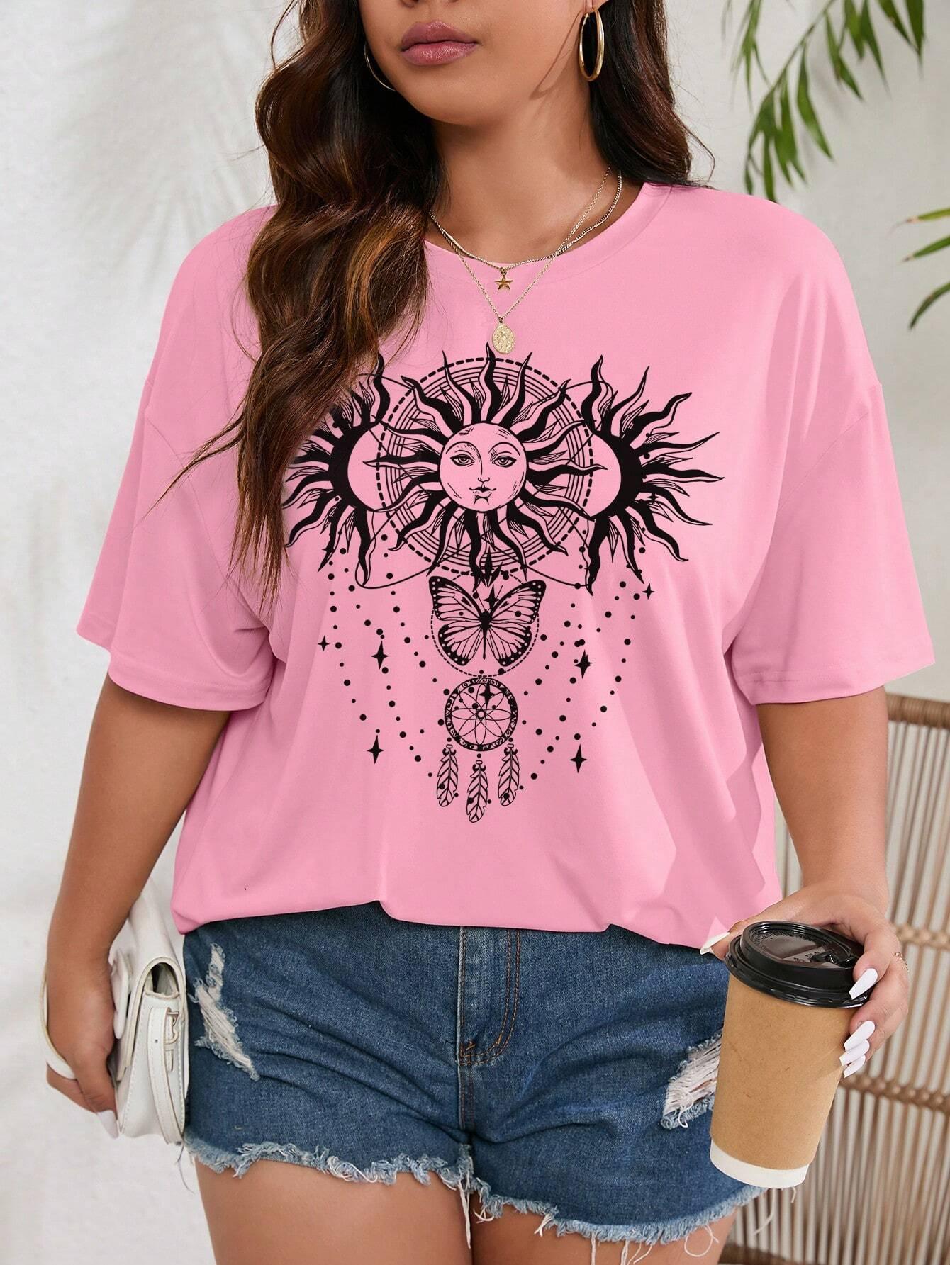 CAmiseta Básica Feminina Com Estampa Sol Fashion- Rosa-bebê