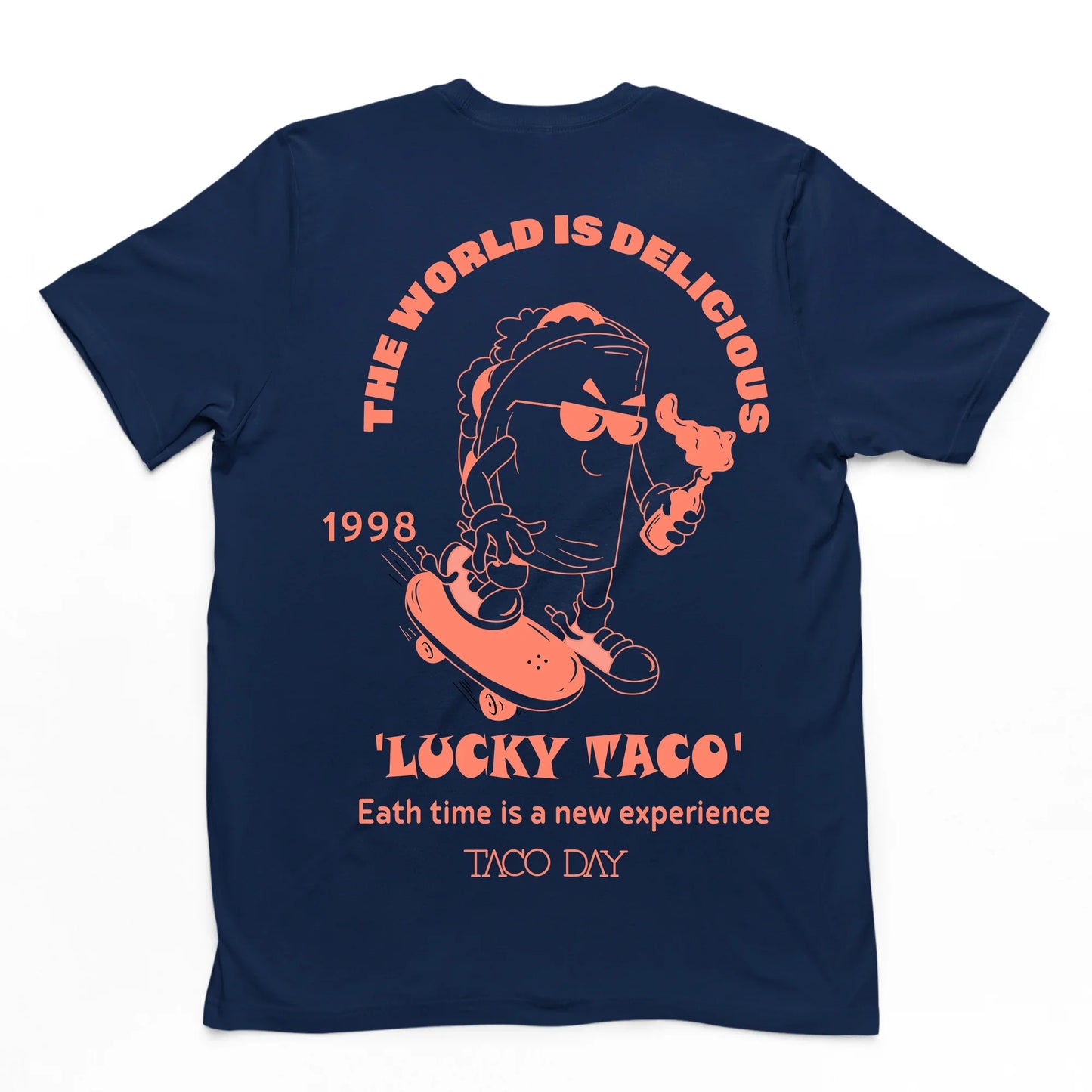 Camiseta Básica The World Is Delicious Lucky Taco - azul-marinho