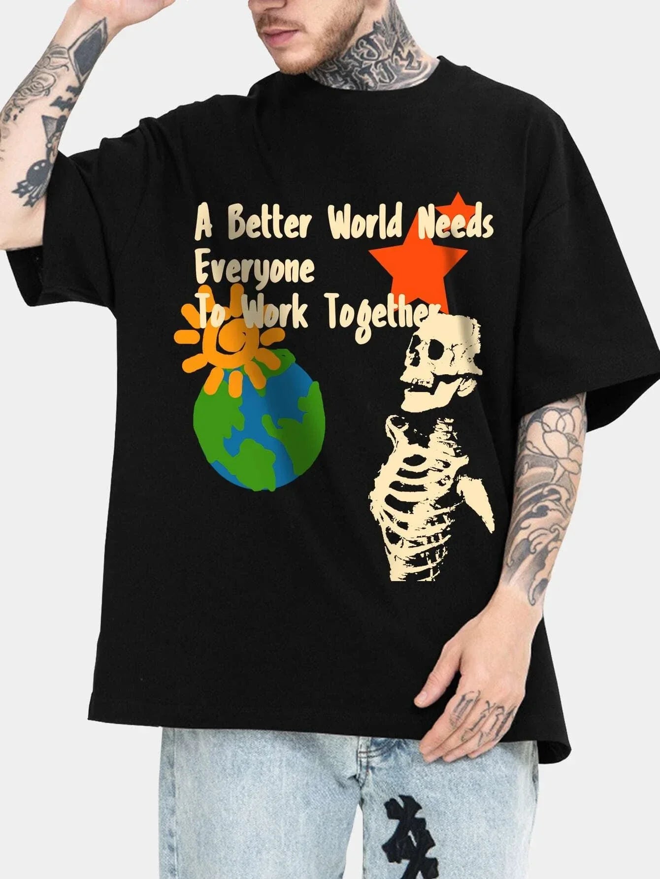 Camiseta Básica unissex Com Estampa Esqueleto Planeta Terra