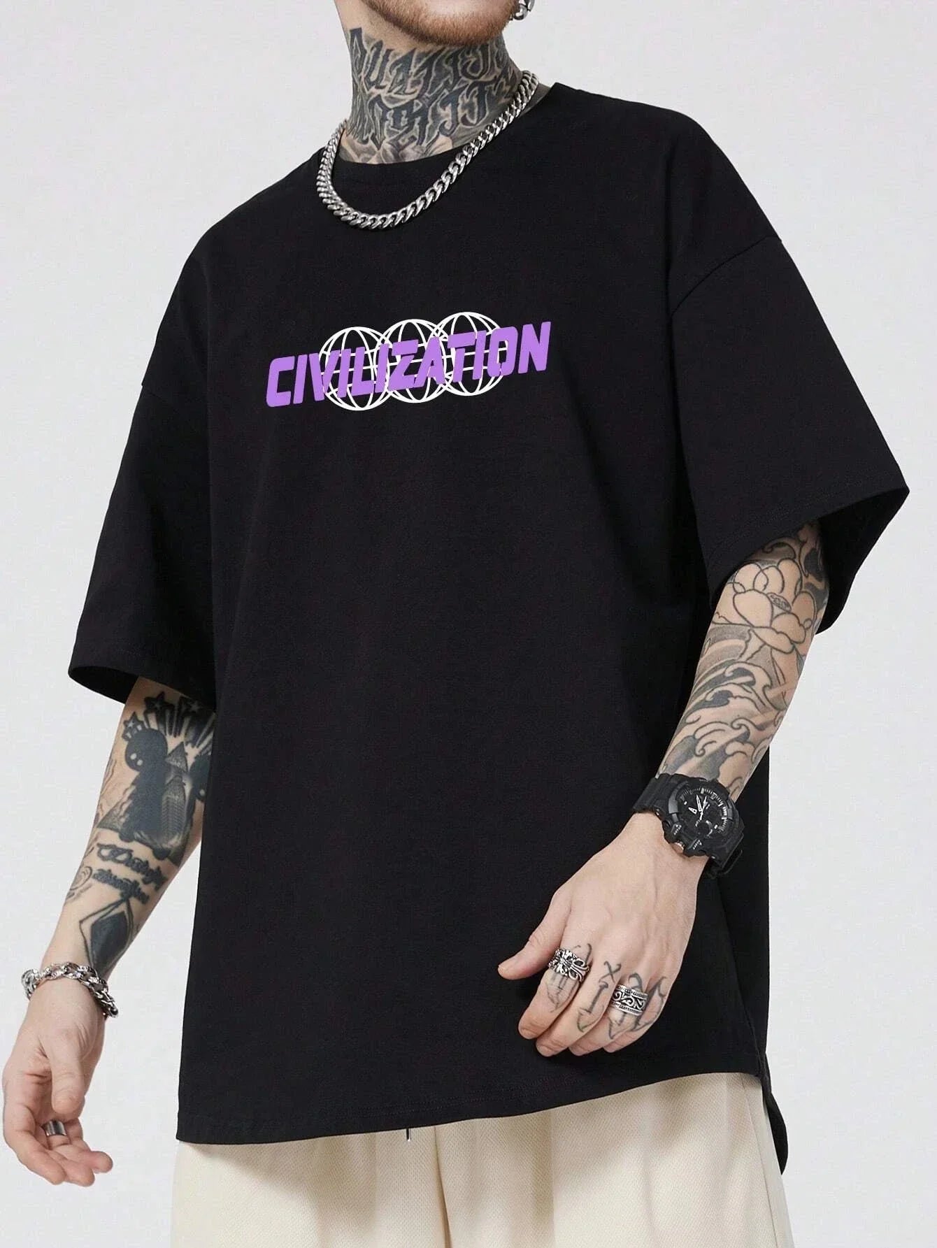 Camiseta Básica Unissex Com Estampa Civilização- preto