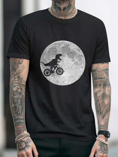 Camiseta Básica Unissex Com Estampa Dinossauro Andando Na Lua- preto
