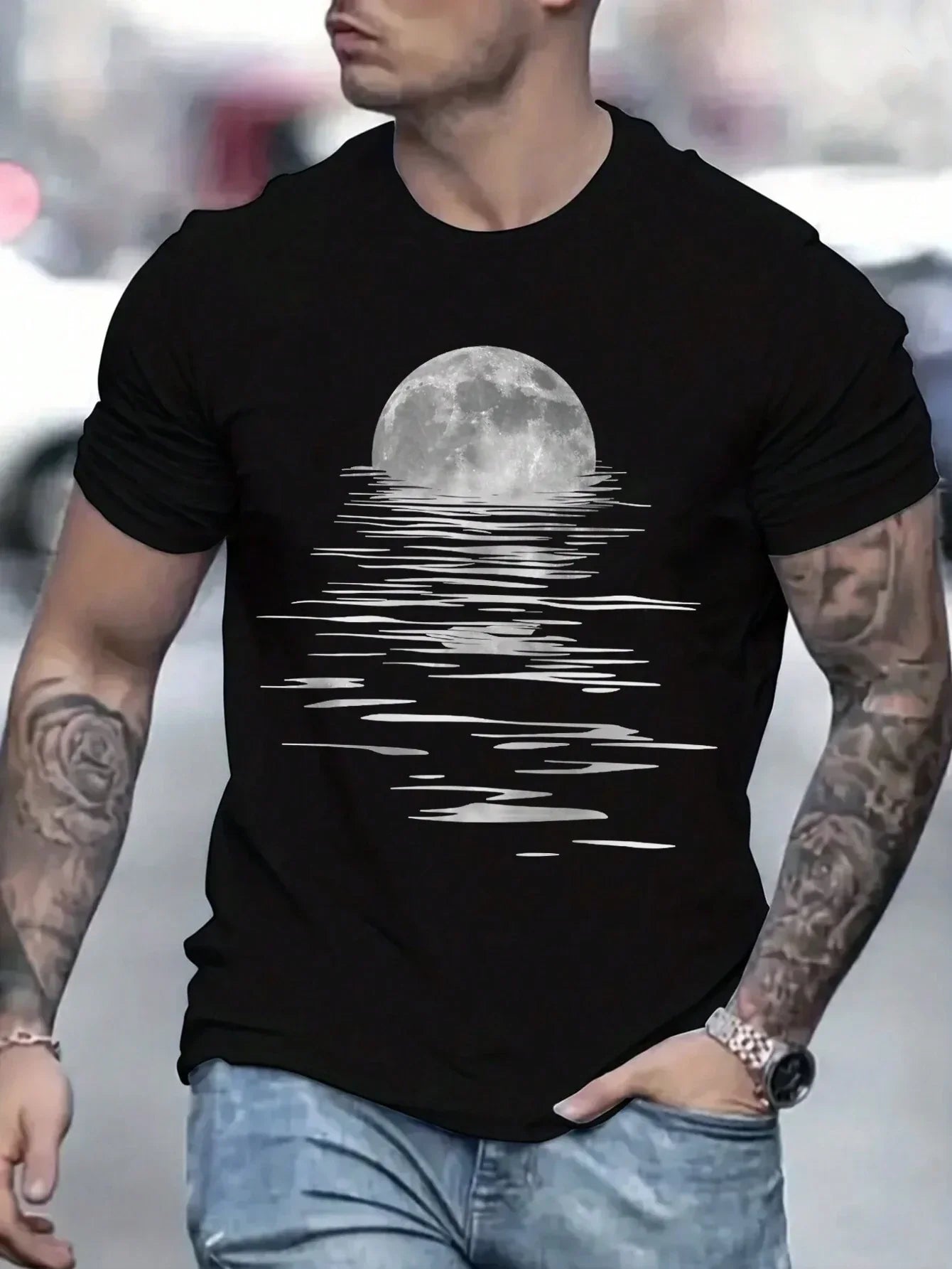 Camiseta Básica Unissex Com Estampa Luz Da Lua Refletindo A Água- preto