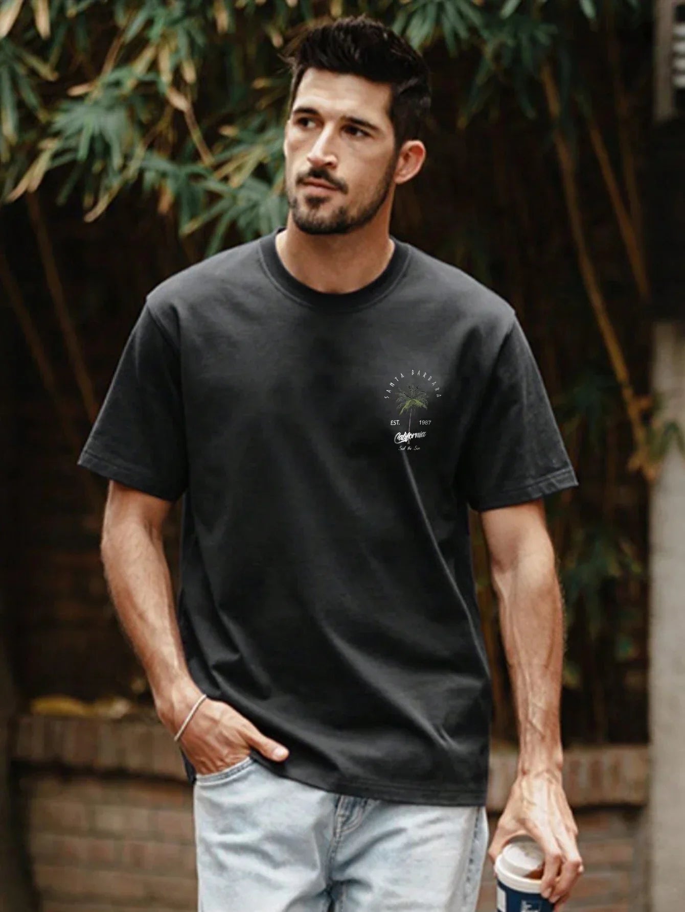 Camiseta básica Unissex Com Estampa Coqueiro California - Preto