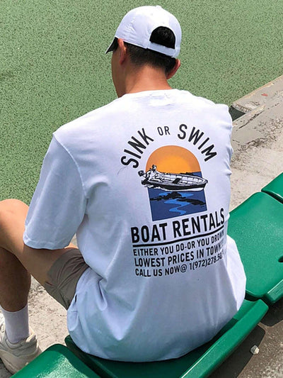 Camiseta Básica Unissex Com Estampa Barco Na Praia - Branco