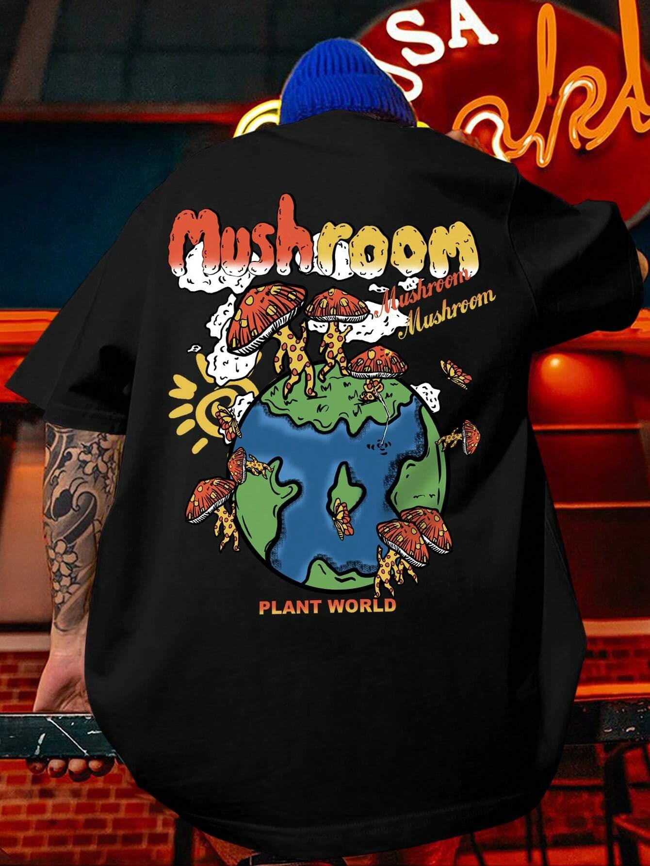Camiseta Básica Unissex Com Estampa Mundo Dos Cogumelos- preto