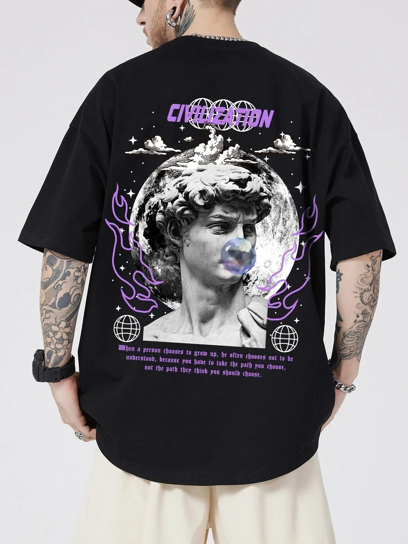Camiseta Básica Unissex Com Estampa Estatua Civilização-preto