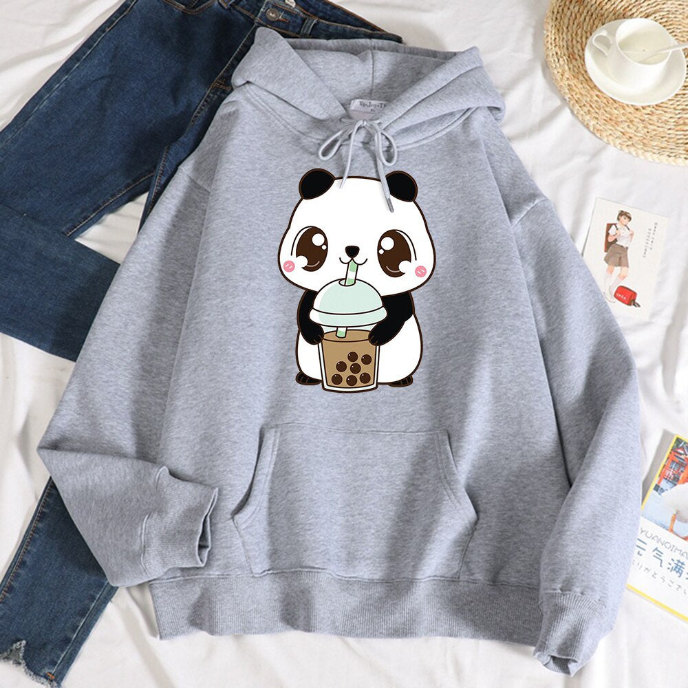 moletom canguru com estampa chá de bolhas panda Bubble Tea - Cinza
