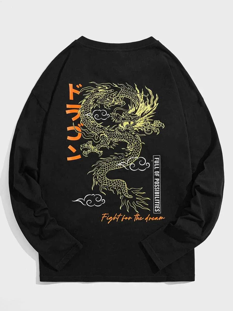 Blusa Moletom Gola Redonda Dragão Chinês - preto