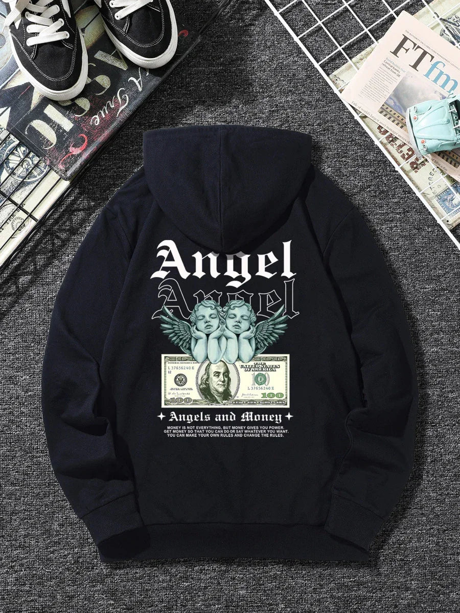 moletom canguru com estampa angel dinheiro anjos - Preto