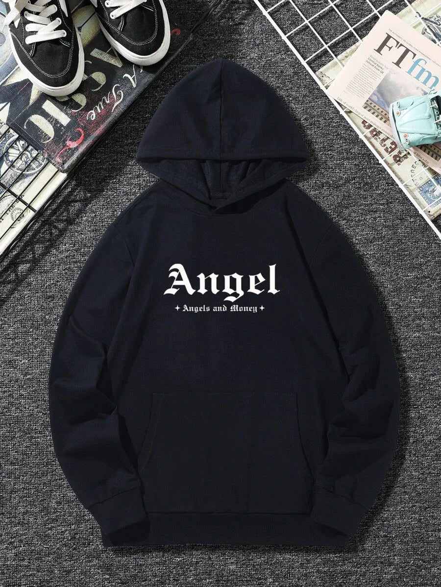 moletom canguru com estampa angel dinheiro - Preto