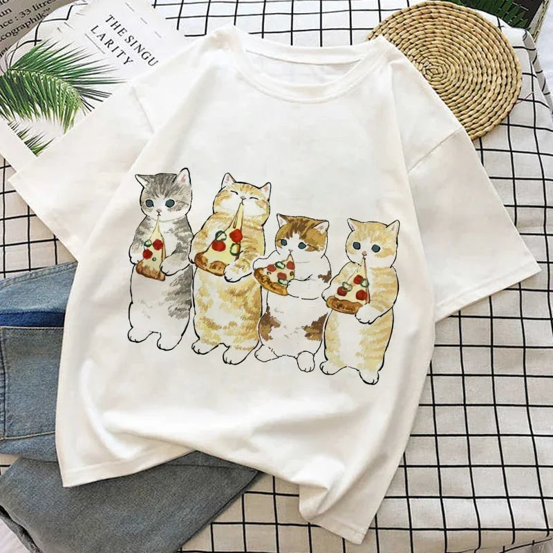 Camiseta Básica Com Estampa Gatinho Comendo Pizza