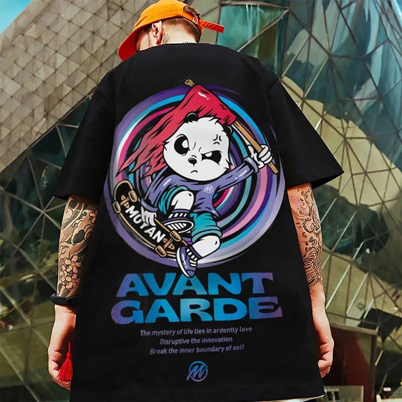 CAmiseta Básica Com Estampa Panda Skate Segurando Bandeira - Preto