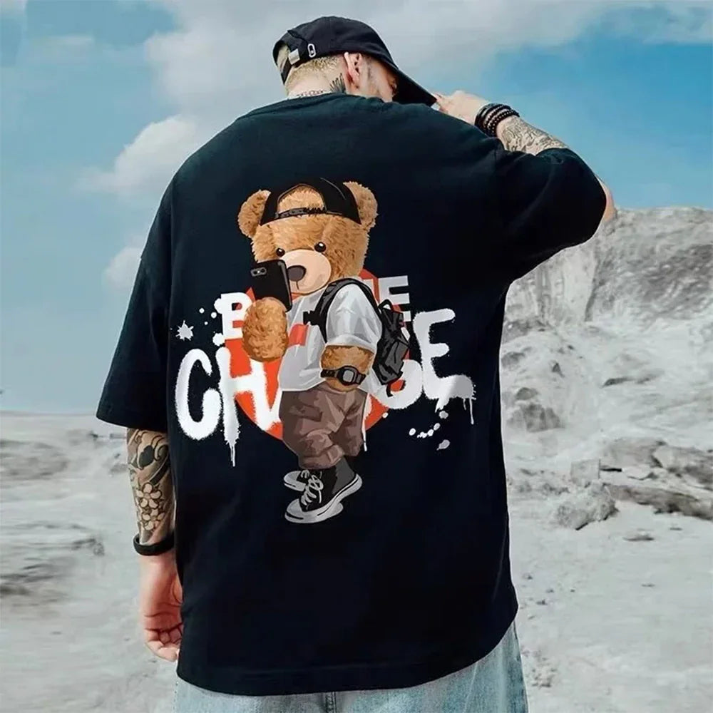 camiseta básica com estampa ursinho estiloso - preta