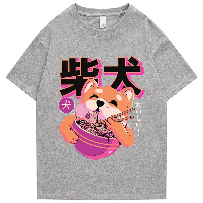 Camiseta Básica Com Estampa Cachorro Comendo Lámen - Cinza