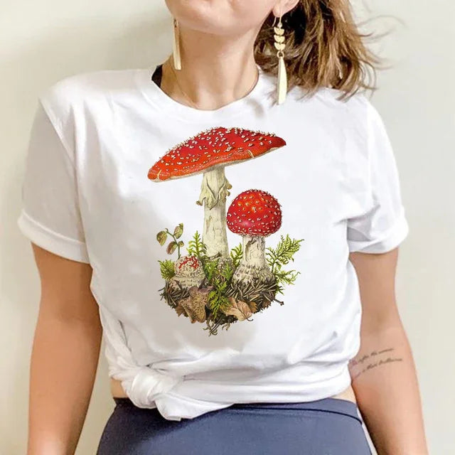 Camiseta Básica Cogumelos Vintage - branco