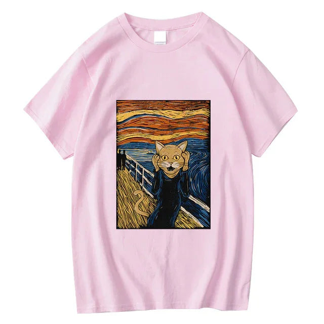 Camiseta básica com estampa gatinho pintura assustado
