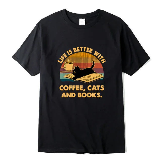 Camiseta básica com estampa gatinho preto livro