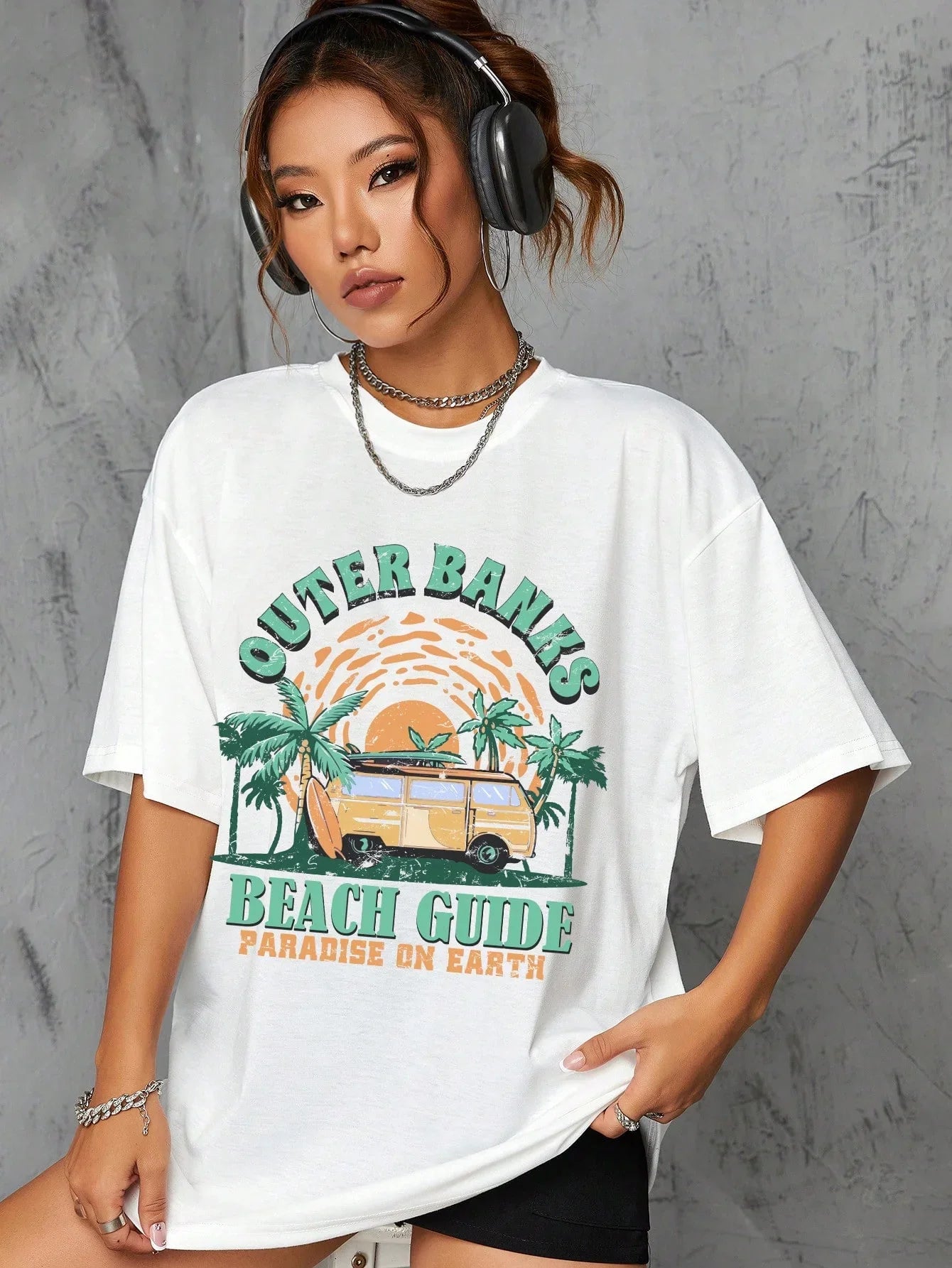 Camiseta Básica Com Estampa Van Praia Surf - Branco
