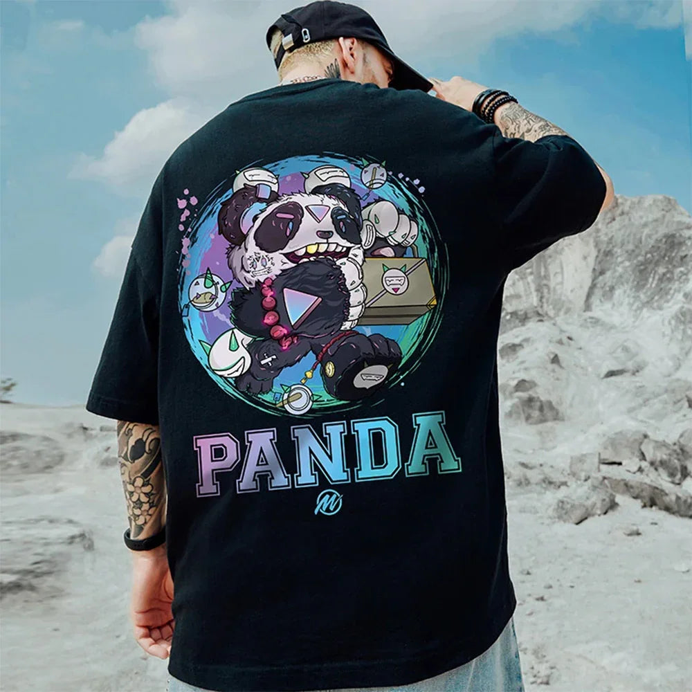 Camiseta básica com estampa panda mecanico - Preto