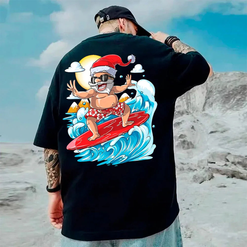 Camiseta Básica Unissex Com Estampa Papai Noel Surf