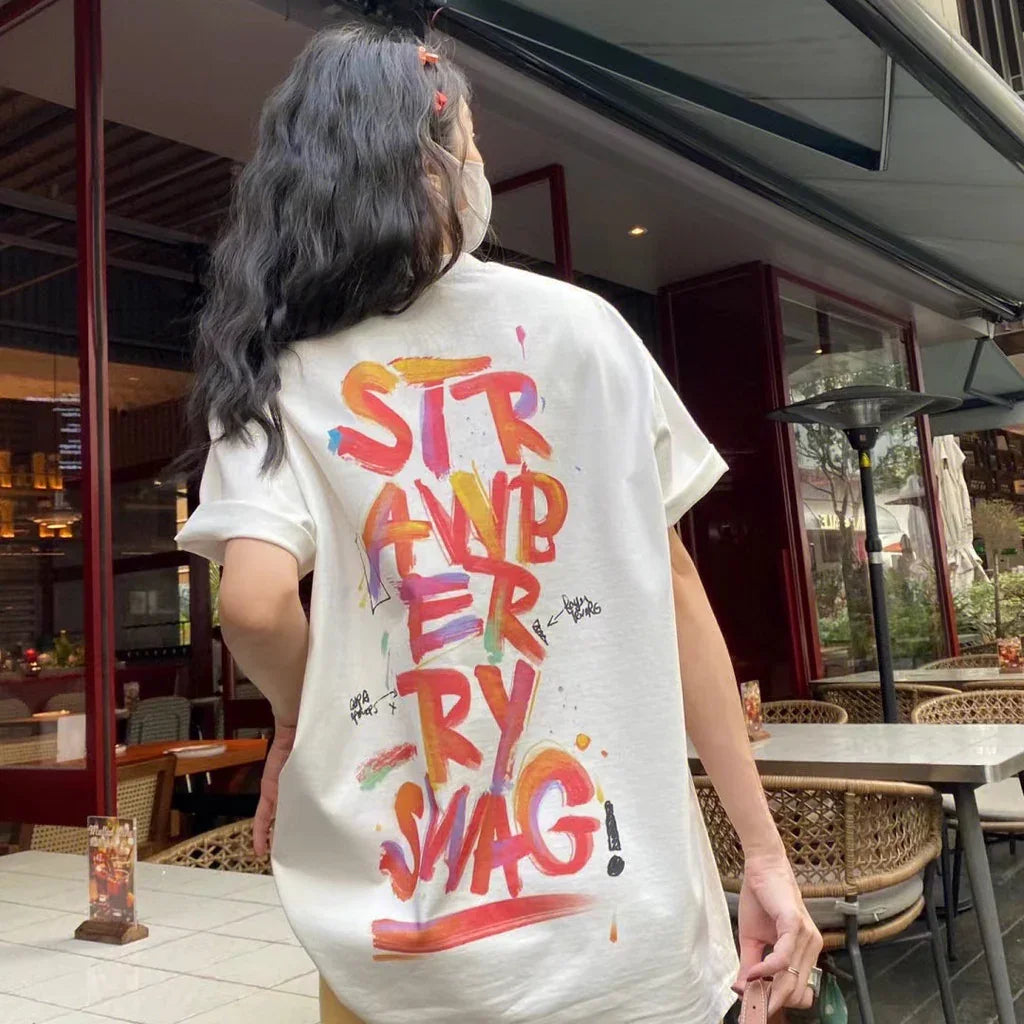 Camiseta básica Com Estampa Frase Morango