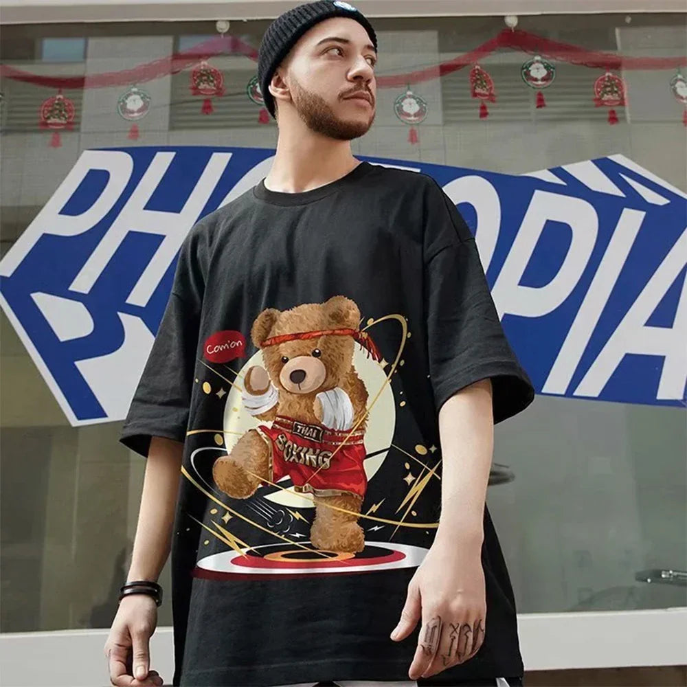 Camiseta Básica Com Estampa Ursinho Lutador - Preto