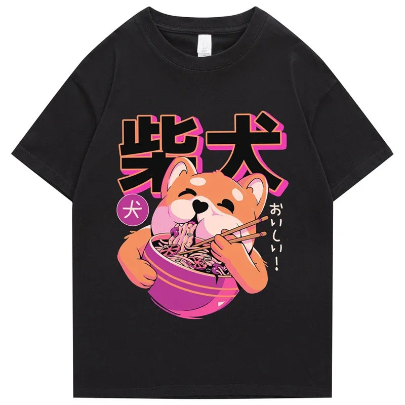 Camiseta Básica Com Estampa Cachorro Comendo Lámen