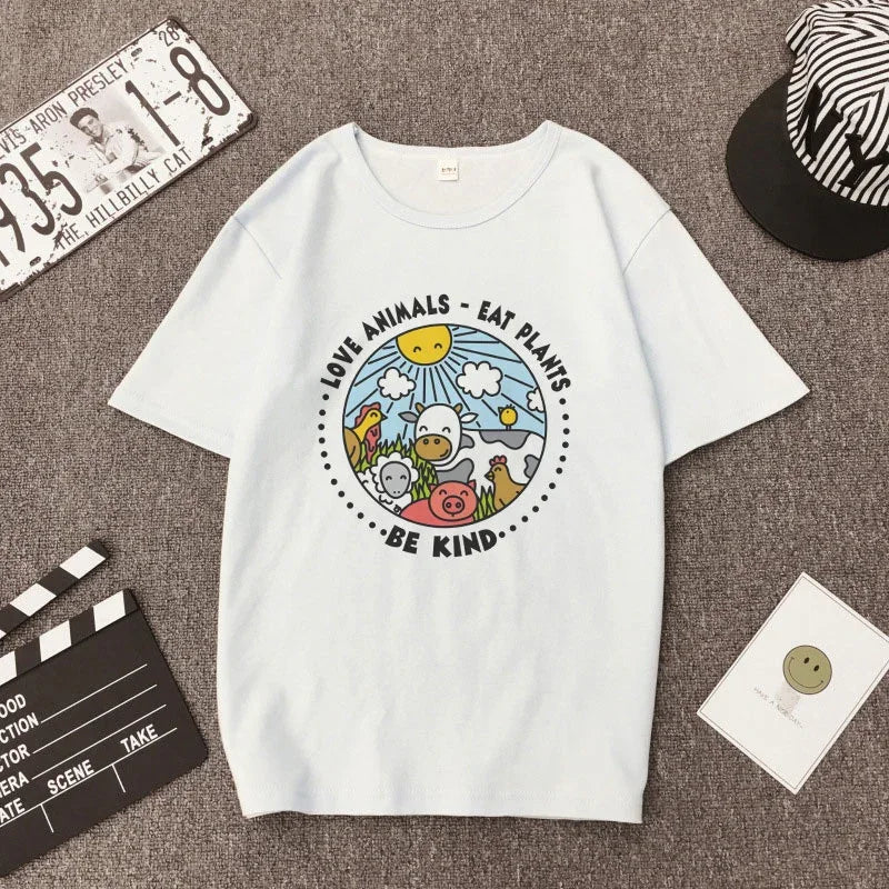 Camiseta Básica Unissex Love Animals Eat Plants Vegan - BRANCO