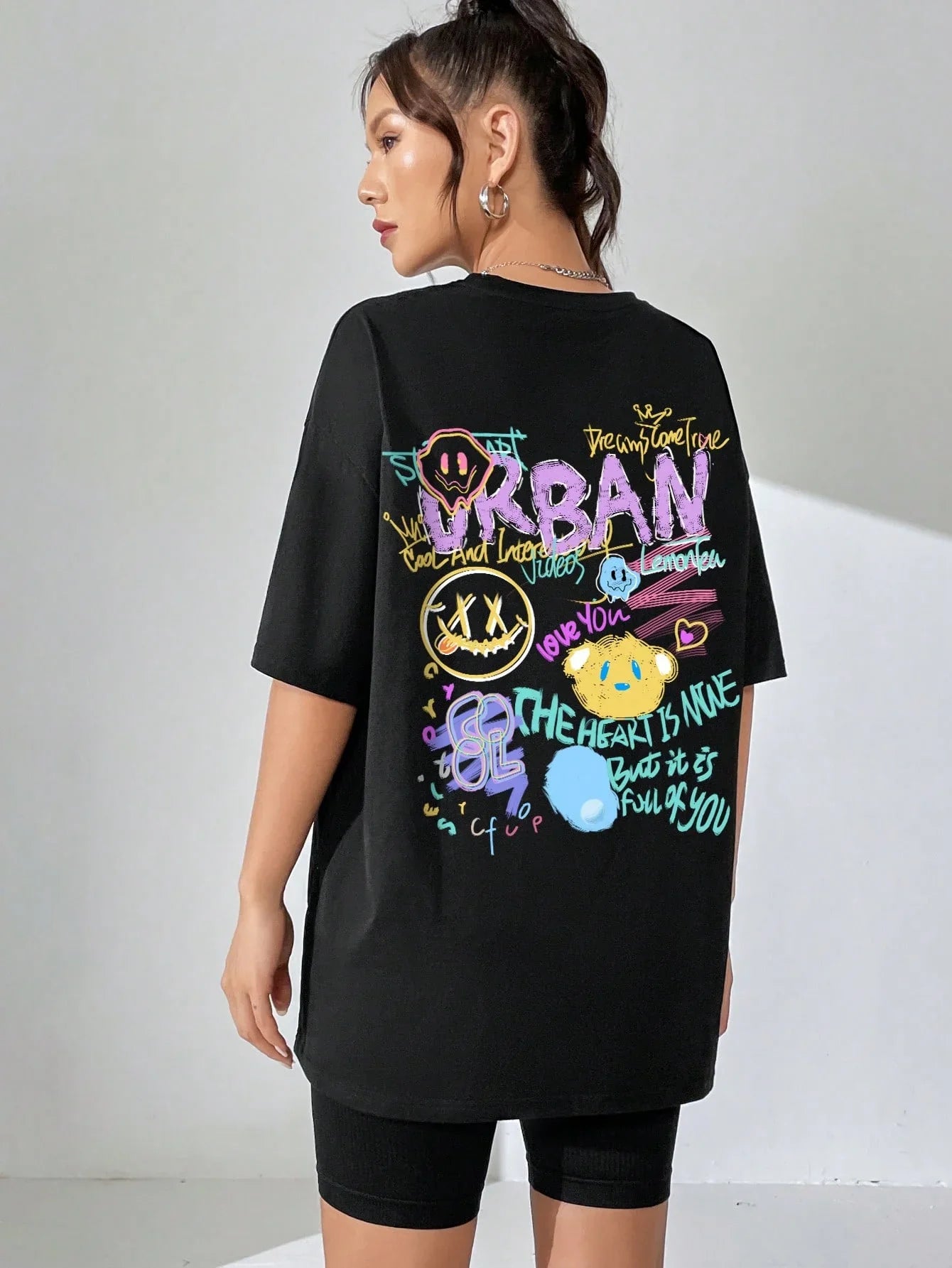 Camiseta Básica Com Estampa ursinhos Streetwear- Preto