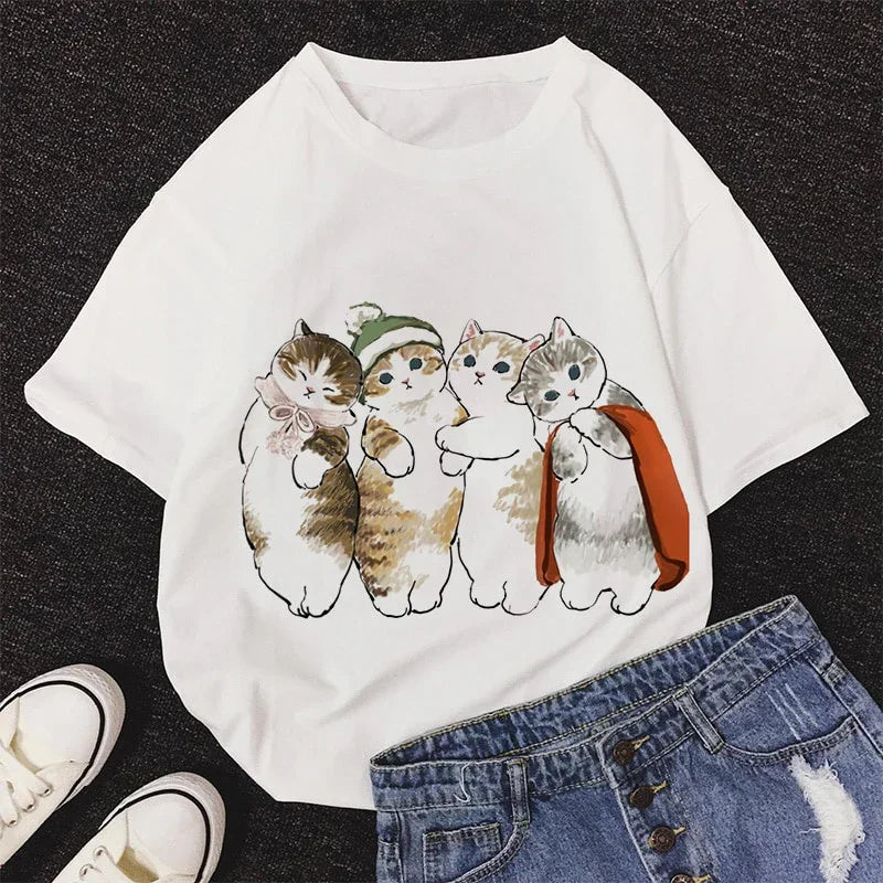 Camiseta Básica Com Estampa Gatinhos Natalinos