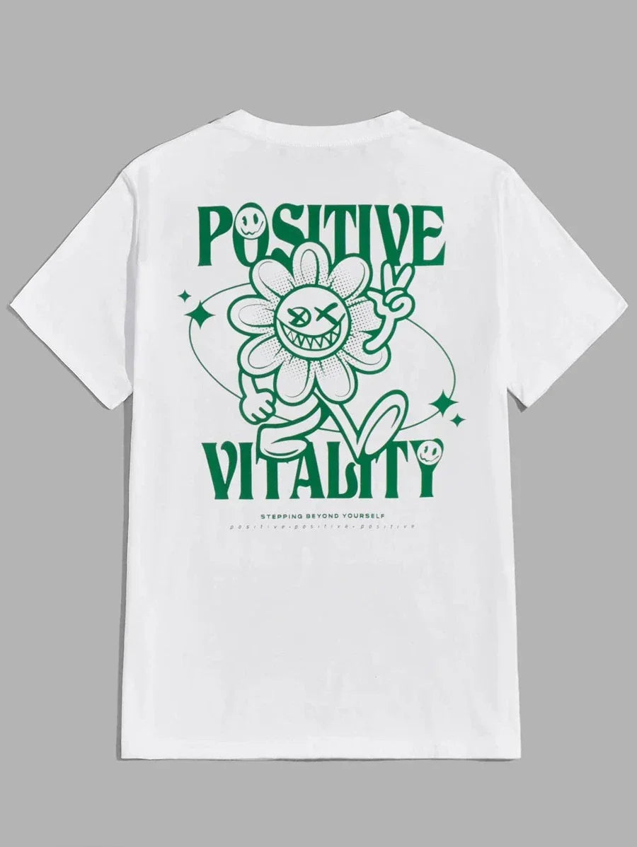 camiseta básica com estampa flor alegre caminhando