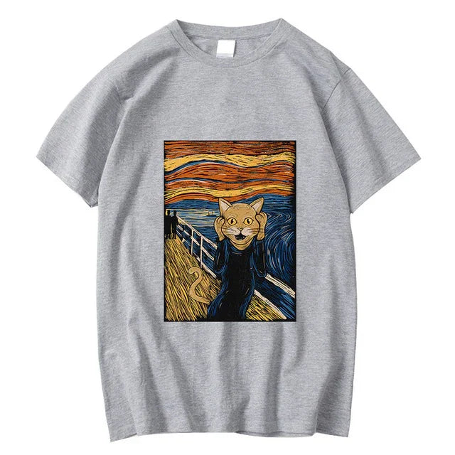 camiseta básica com estampa gatinho van gogh