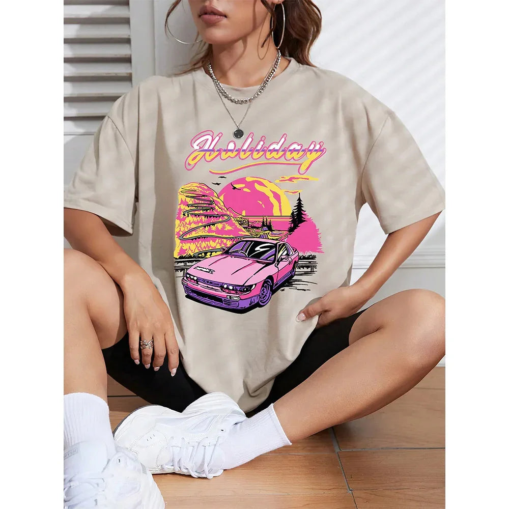 Camiseta Básica Feminina Com Estampa Carro Rosa