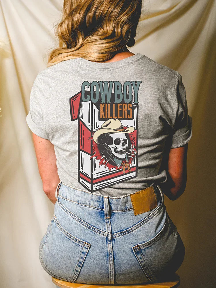 Camiseta Feminina Com Estampa Cigarro Esqueleto Cowboy