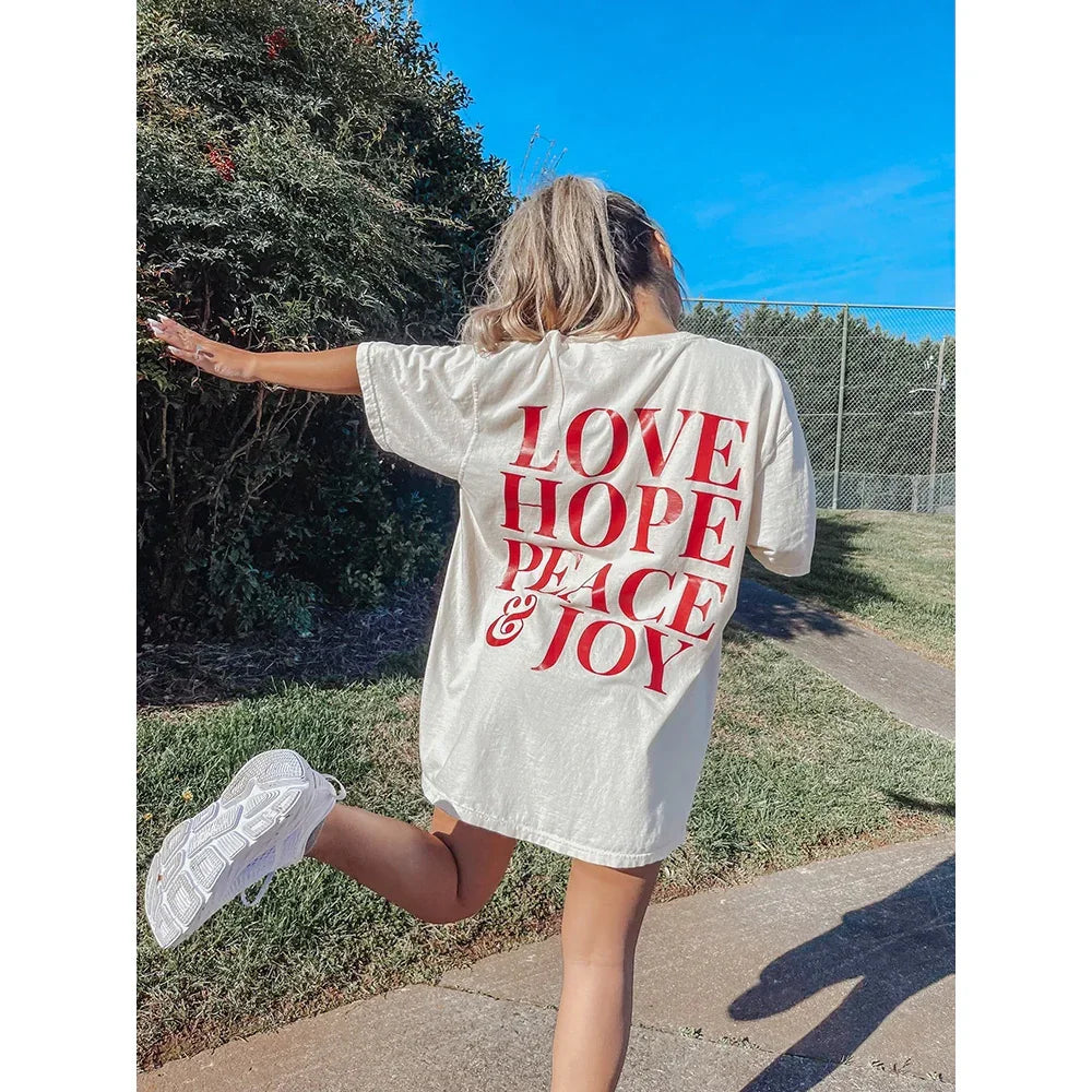 Camiseta Feminina Love Hope Peace and Joy - BRANCO