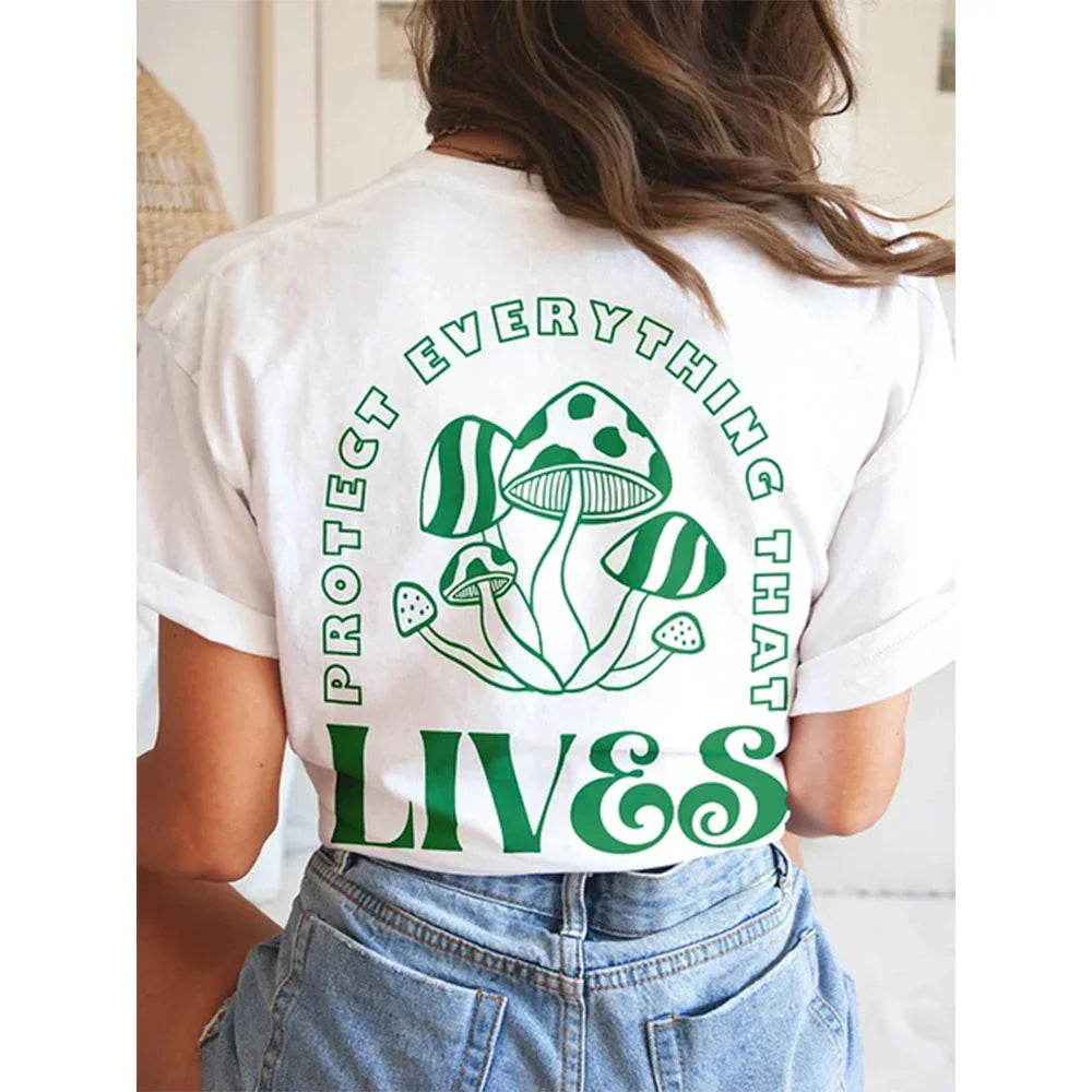 Camiseta básica Feminina Com Estampa Cogumelo Planta