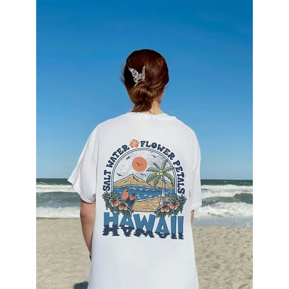 Camiseta Básica Feminina Com Estampa Praia De hawaii