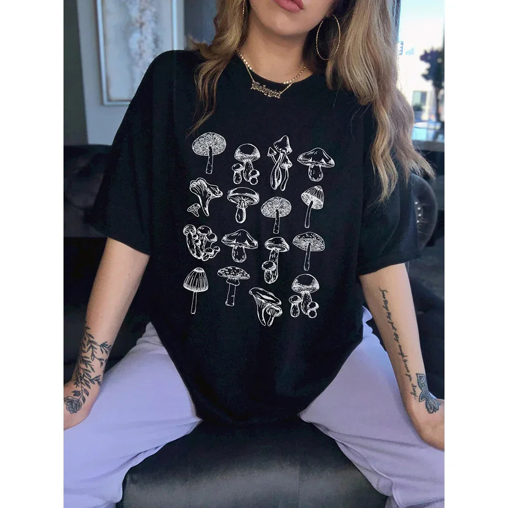 Camiseta Básica Unissex Com Estampa Cogumelo Plant- preto