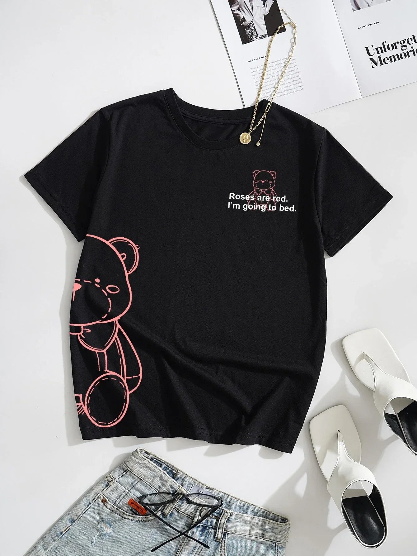 Camiseta feminina com estampa ursinho engraçado - Preto
