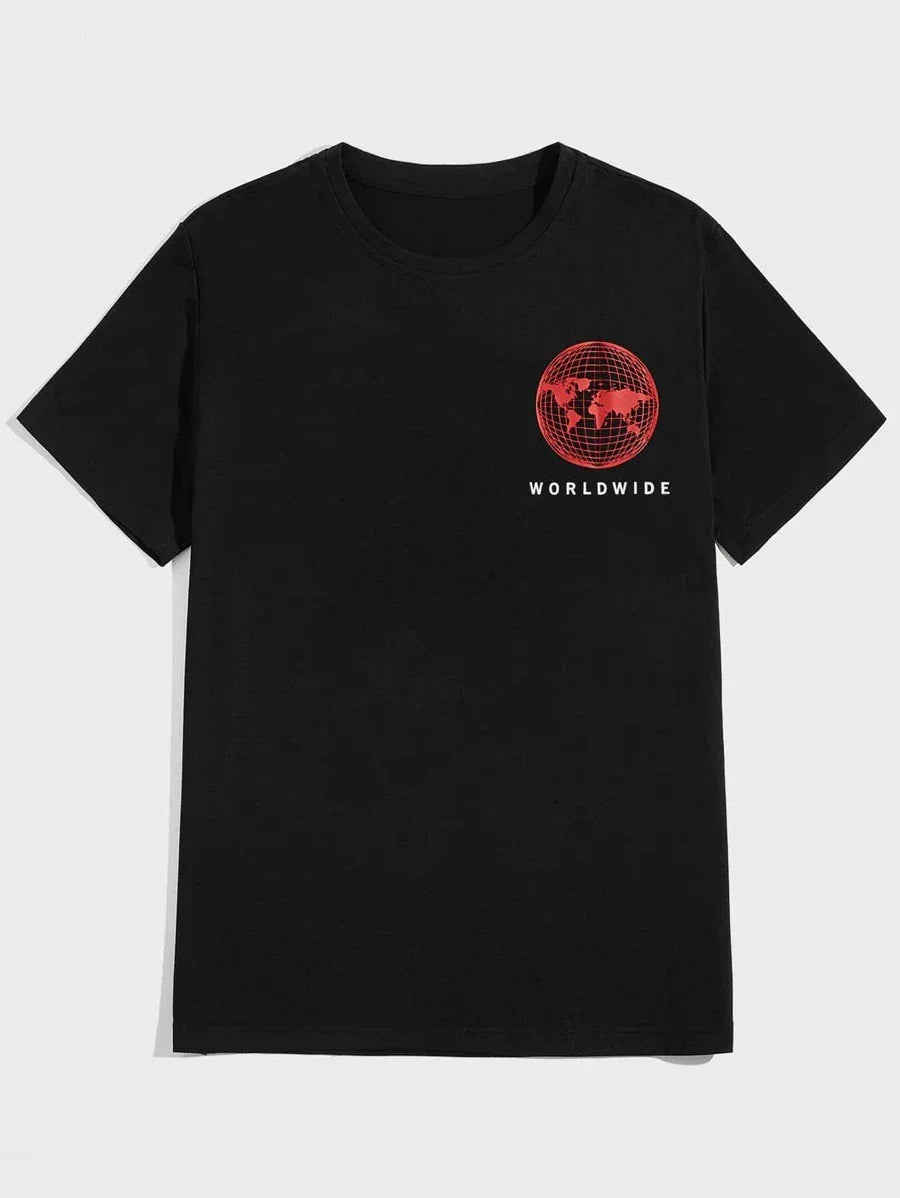 camiseta masculina com estampa mundo vermelho