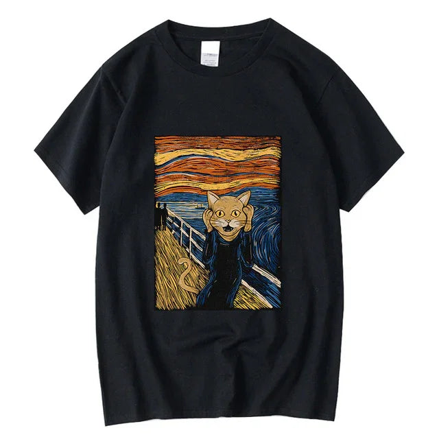 camiseta básica com estampa gatinho assustado