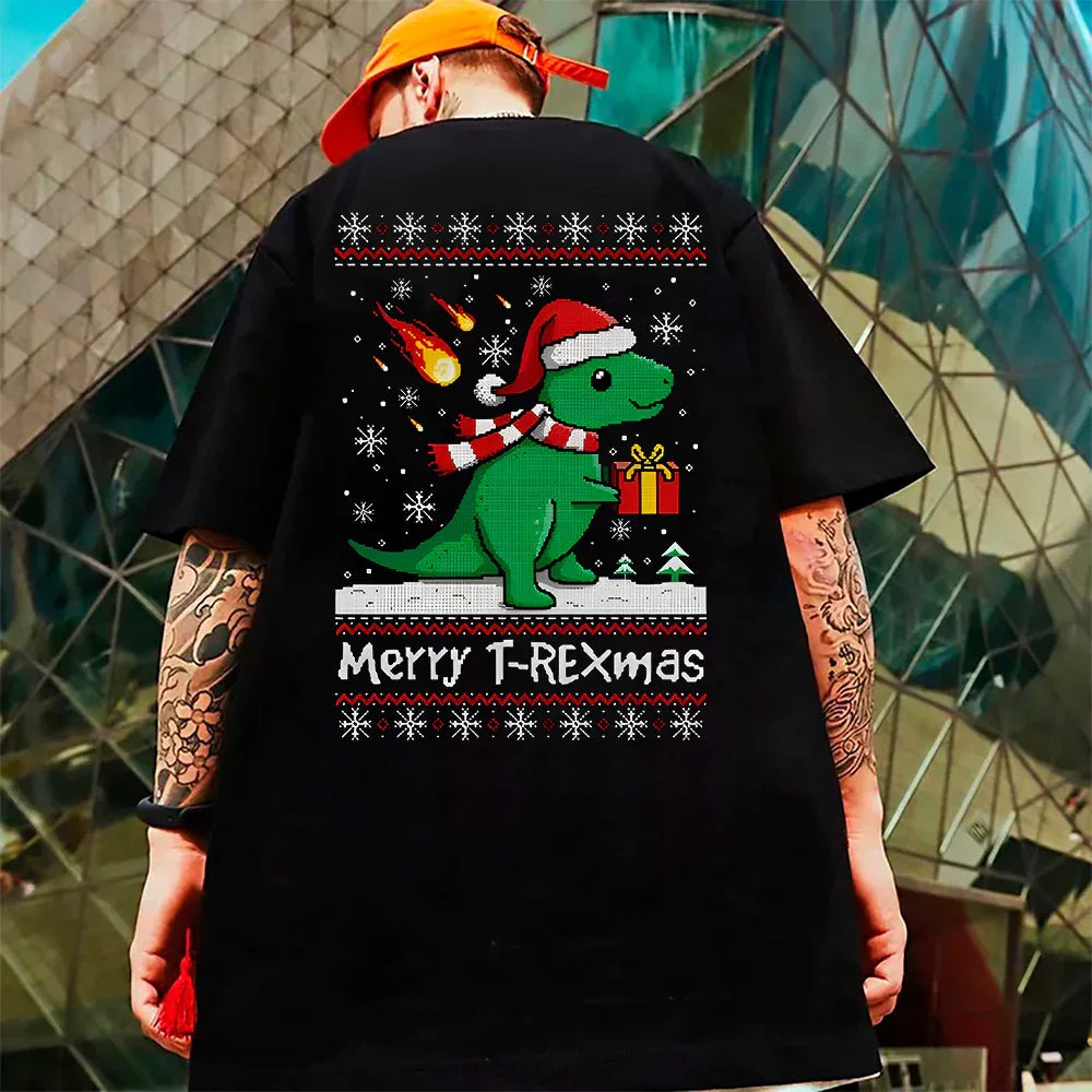 Camiseta Básica Unissex Com Estampa Dinossauro Natalino