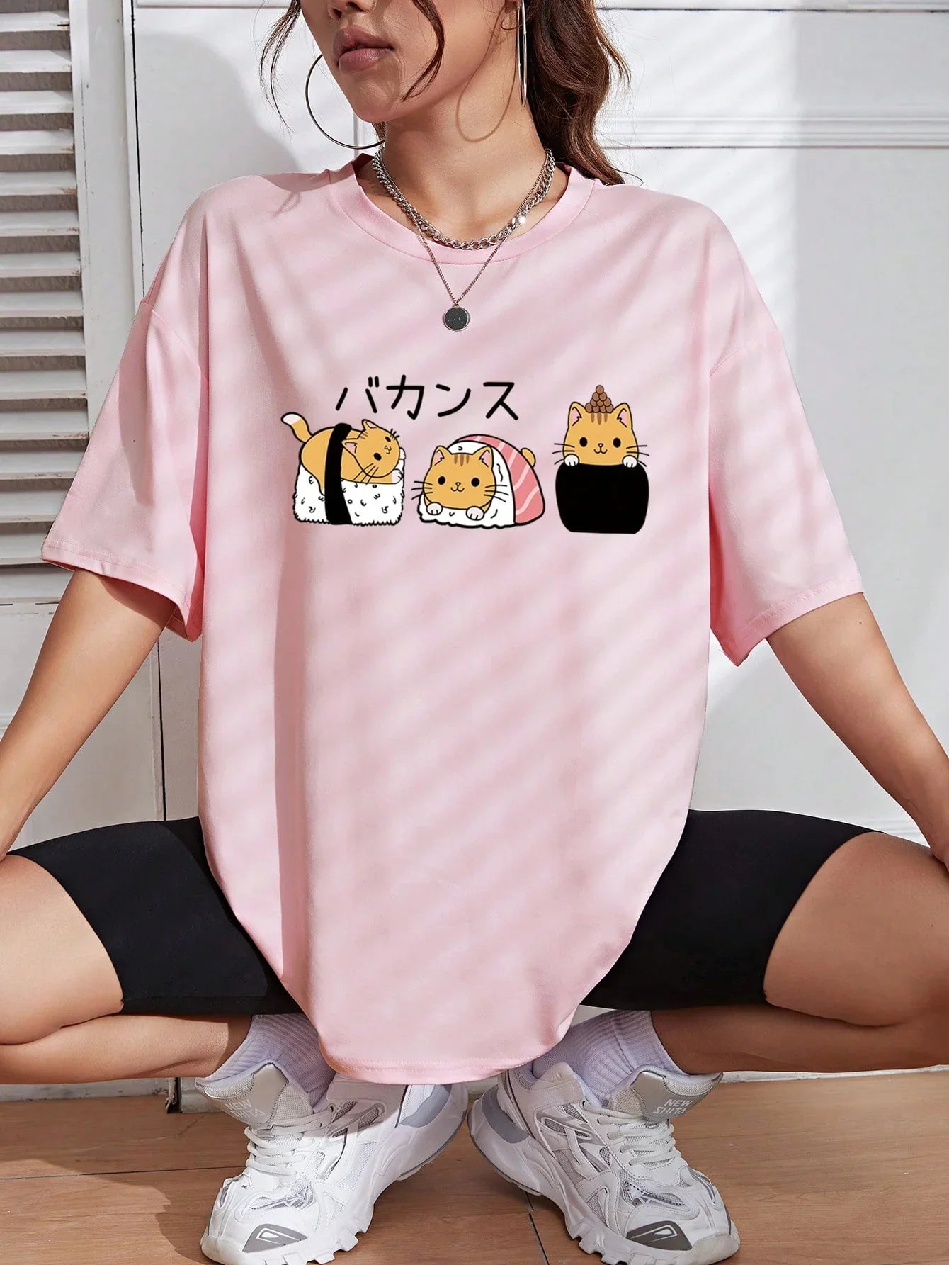 Camiseta Básica Com Estampa sushi Gato- Rosa bebe