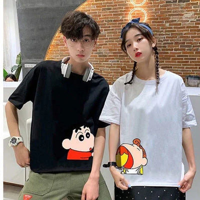 Camisetas Casal Cute Cartoon Preto/Branco