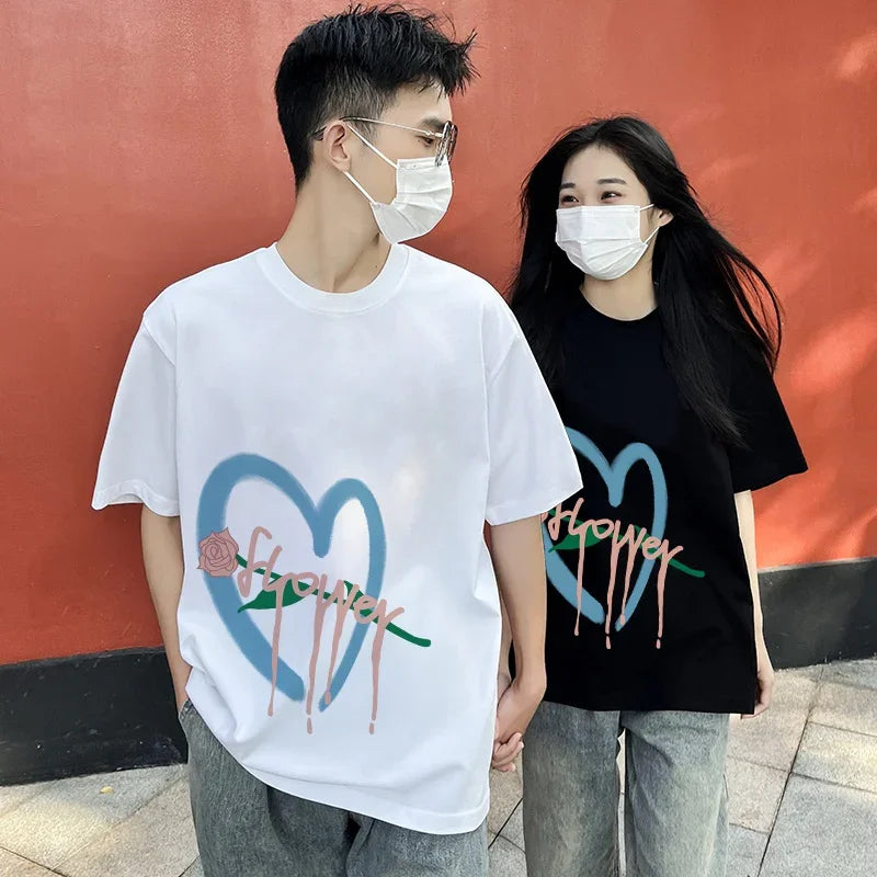 Camisetas Casal Flower Coração -branco